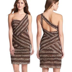 SUE WONG ANIMAL PRINT Draped Ruched ONE-SHOULDER SHEATH DRESS sz 8